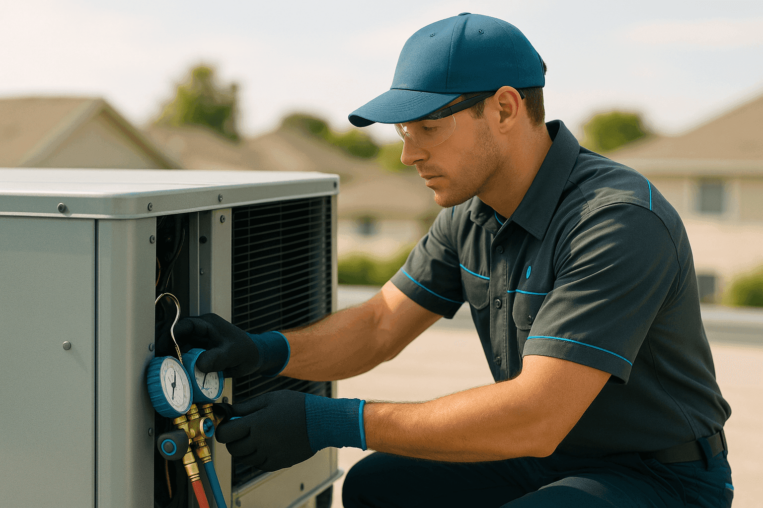 HVAC technician in branded uniform adjusting rooftop HVAC unit on residential roof